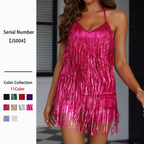 Women Sequined Fringe Playsuit Romper Halter Neck Backless Sexy Slim Fit Party Club Performance Outfit