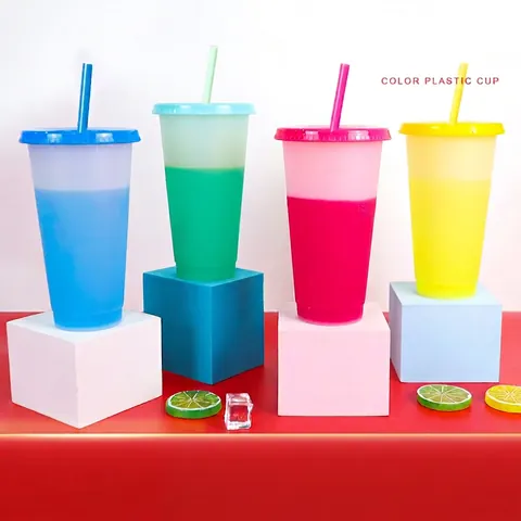 Color Changing Straw Cup Reusable Cold Cup With Lid Temperature Sensitive Plastic Drinkware For Party Coffee Home