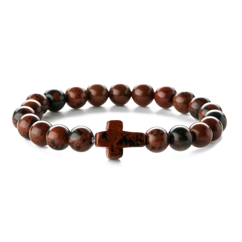 Bracciale con Perline Croce in Pietra Naturale Lava Vulcanica Occhio di Tigre Agata Turchese Gioielli Corda Elastica Uomo Donna