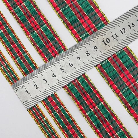 Christmas Plaid Ribbon Gold Edge Red Green Tartan Fabric For Gift Wrapping DIY Bows Holiday Party Decor