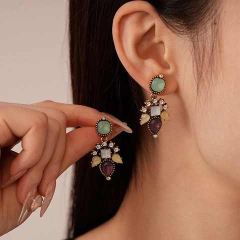 Vintage Geometric Drop Earrings With Colorful Resin Rhinestones And Silver Earring Post For Women