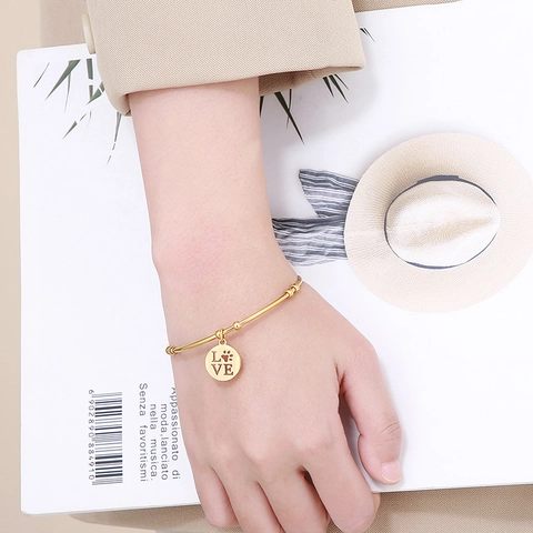 Bracciale Rigido Aperto In Acciaio Inossidabile Con Ciondolo Tondo LOVE Zampa Gioielli Minimal Per Donna