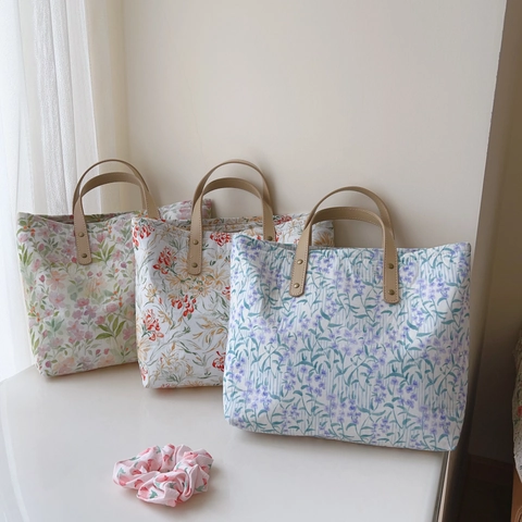 Borsa Tote In Cotone Con Stampa Floreale In Stile Francese Con Manici In Pelle Piccola Borsa A Mano Quadrata Da Donna