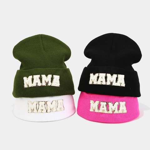 Women Winter Beanie Hat Warm Acrylic Knit Cap With MAMA Letter Patch Sequin Embroidery Casual Solid Color Cuff Hat