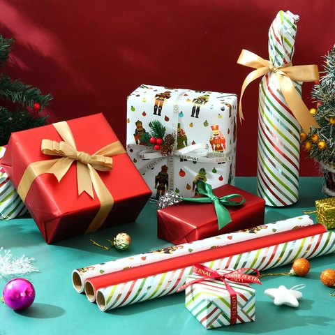 Christmas Gift Wrapping Paper Aluminized Metallic Festive Nutcracker Soldier Striped Pattern Holiday Present Decor