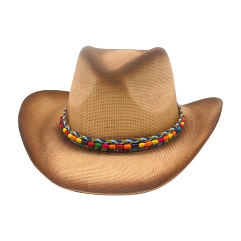 Western Cowboy Strohhut Ethnisch Böhmisch Gewebt Bunte Perlen Breiter Rand Sonnenschutz Vintage Strand Reise