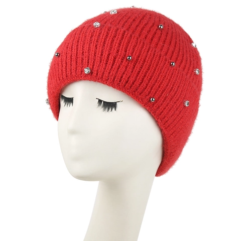 Knitted Beanie Hat With Rhinestones And Rivets Acrylic Thermal Warm Winter Cap For Women