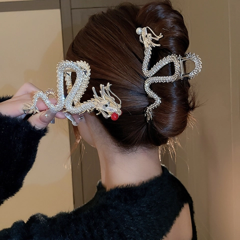 Pince À Cheveux Forme De Dragon Style Chinois Alliage Avec Strass Et Künstliche Perle D'imitation Coiffe Rétro Festive