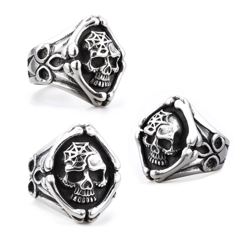 Anello Teschio Gotico Acciaio Inossidabile 316L Ragnatela Ossa Incrociate Gioielli Punk Biker Vintage Per Uomini