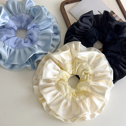 Coleteros Grandes De Satén Plisados Elásticos Gomas De Pelo Sobredimensionado Doble Capa Elegante Accesorios Mujeres Niñas