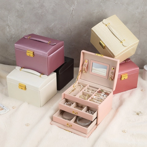 Portagioie Grande Capacità in Pelle PU Con Specchio Chiusura in Metallo Maniglia Custodia Portatile per Gioielli da Donna
