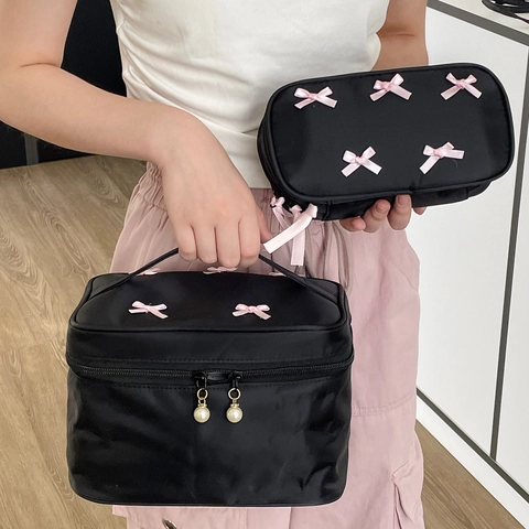 Aesthetic Makeup Bag Pink Ribbon Bow Decoration Nylon Fabric Portable Cosmetic Organizer For Travel Sweet Balletcore