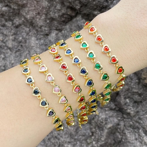 Heart Cubic Zirconia Bracelet Gold Plated Copper Heart Shaped Zircon Jewelry Adjustable For Women Romantic Elegant