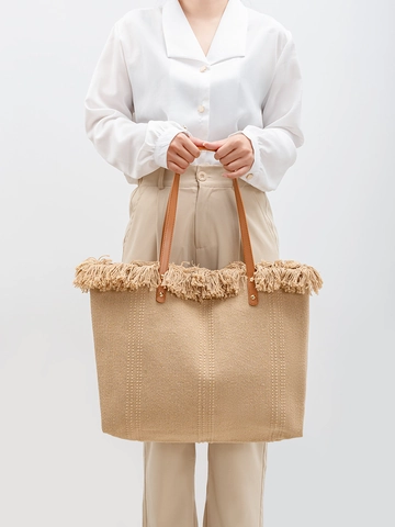 Bohemian Large Capacity Woven Canvas Tote Bag With Tassel Fringe PU Leather Handles For Women Vacation Daily Travel