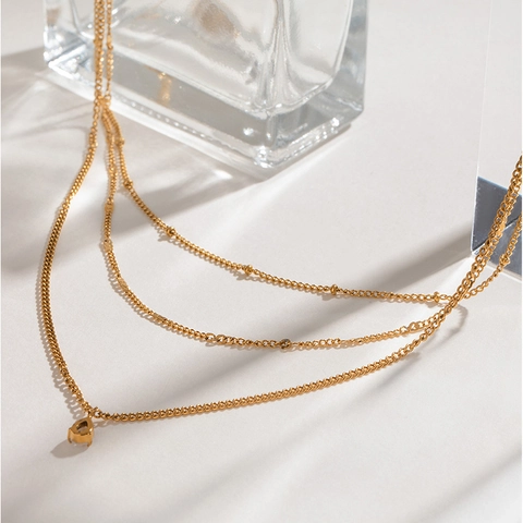 Triple Layered Necklace Stainless Steel Gold Plated Teardrop Cubic Zirconia Pendant Waterproof Hypoallergenic For Women