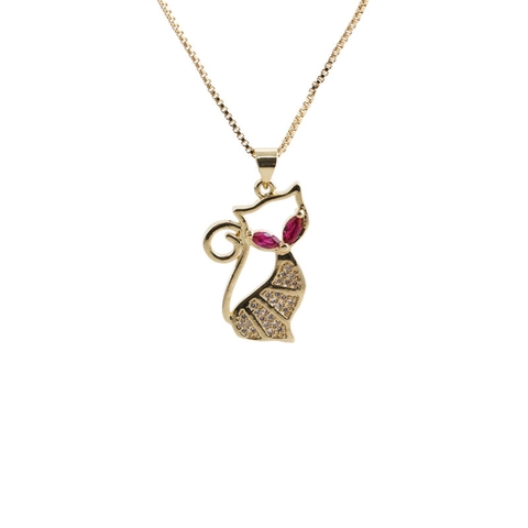 Cute Cat Pendant Necklace Copper Gold Plated With Colorful Zircon Rhinestone Eyes Fashion Jewelry For Women