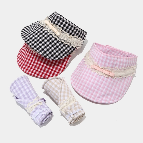 Cappello Da Sole In Cotone Per Donna Con Fiocco In Pizzo Tesa Larga Pieghevole A Quadri Esterno
