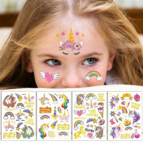 Kids Temporary Tattoo Stickers Waterproof Gold Stamping Laser Cartoon Dinosaur Unicorn Mermaid Body Art Party Favors