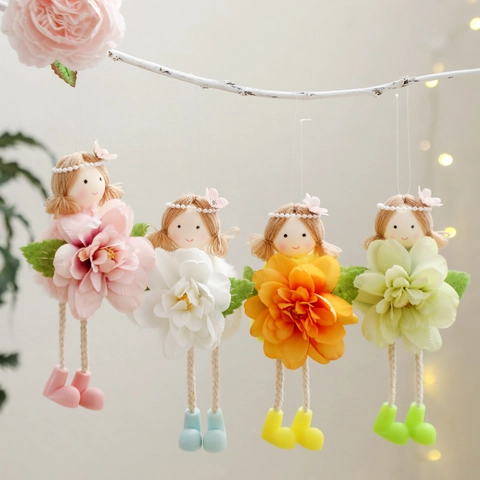 Easter Flower Fairy Doll Hanging Ornaments Handmade Polyester Satin Floral Dress Yarn Hair Artificial Pearl Headband Party Decoration