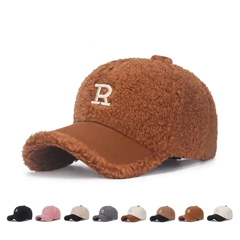 Casquette De Baseball En Polaire Teddy Femmes Hiver Chaud Broderie Lettre R Ajustable Chapeau En Polaire Sherpa Streetwear