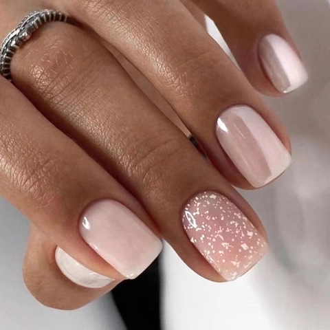Press On Nails Square Round Light Pink Nude Glossy Silver Glitter French Sweet Flower Elegant Manicure For Women