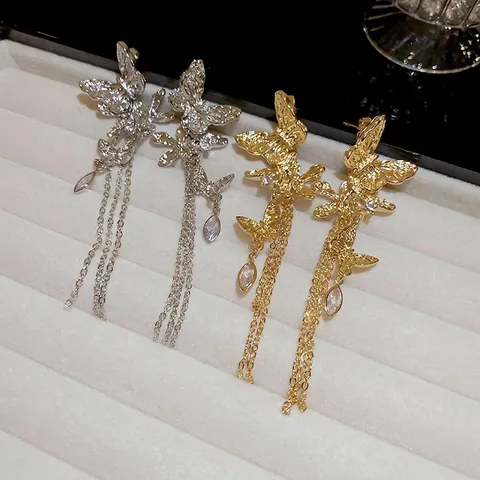 Boucles Doreilles A Pompon Papillon Alliage Strass Longues Pendantes Avec Tige En Argent Sterling 925 Elegant Mode Femme