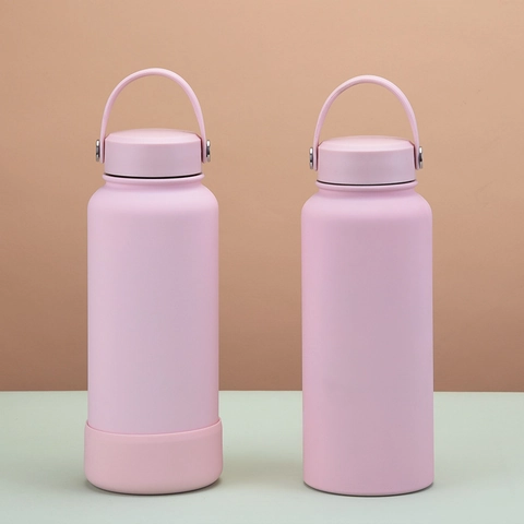 Vacuum Insulated Water Bottle Stainless Steel Wide Mouth Flask With Handle Lid And Silicone Base Matte Finish Outdoor Sports
