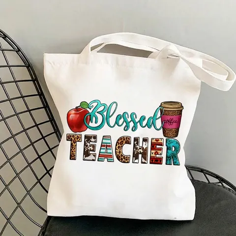 Teacher Canvas Tote Bag Teacher Appreciation Gift White Reusable Shoulder Shopping Handbag With Educational Print For Women