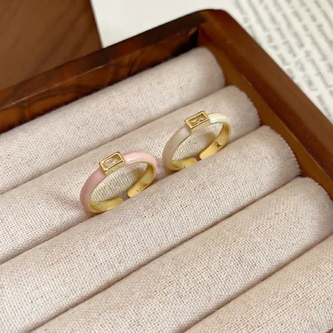 Elegant Open Ring Adjustable Copper Enamel Glaze Rectangular Zircon Inlaid Minimalist Korean Style Jewelry For Women