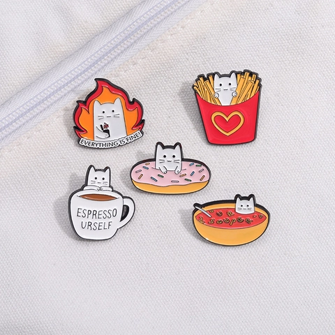 Creative Cartoon Cat Enamel Brooch Pins Funny Food Cat Alloy Badge Jewelry For Backpack Clothing Jacket Decor Unisex Gift