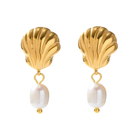 Boucles d'Oreilles Pendantes en Acier Inoxydable Plaqué Or Coquille Künstliche Perle Vintage Français Élégant Bijoux de Plage Femme