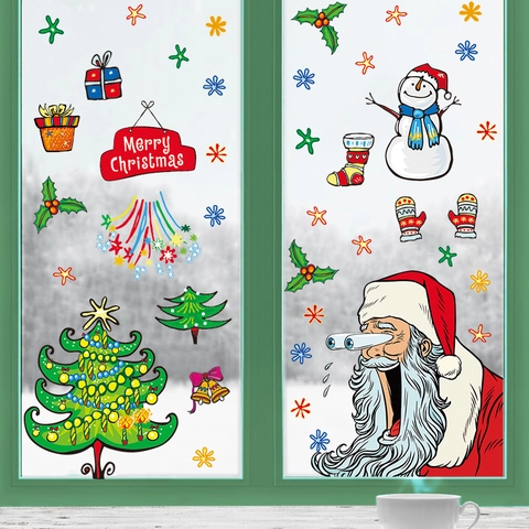 Christmas Window Clings Static PVC Stickers Santa Claus Snowman Christmas Tree Snowflake Glass Decor Holiday Party