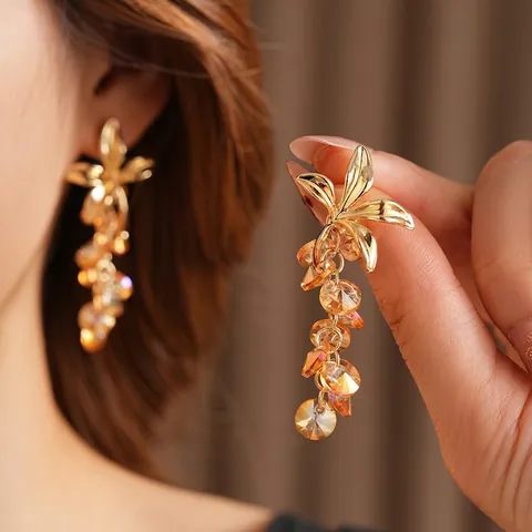 Vintage Flower Tassel Drop Earrings With Alloy Gold Champagne Glass Crystal And Silver Earring Post Retro Style Women