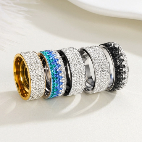 Stainless Steel Ring Multi Row Rhinestone Pave Set Wide Band Fashion Jewelry For Women Men Punk Luxury Party Accessory
