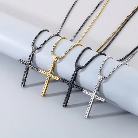 Collana Con Pendente A Croce Acciaio Inossidabile Vintage Texture Spiga Di Grano Hip Hop Gioielli Personalizzati Per Uomo