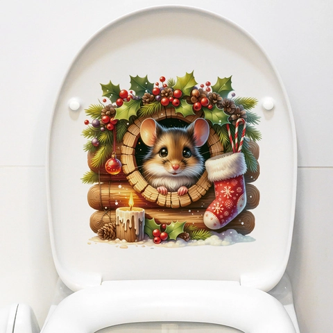 Christmas Mouse Hole Wall Sticker PVC Removable Decal For Toilet Lid Bathroom Decor Cute Hamster Festive Ornament