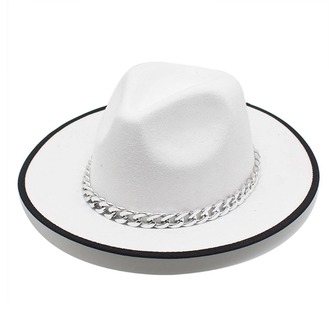Vintage Fedora Hat Woolen Felt Wide Brim With Metal Chain Contrast Color Edging Trendy Jazz Cap Elegant Warm Headwear