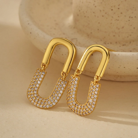 Pendientes En Forma De U De Plata De Ley 925 Chapados En Oro De 18K Con Circonita Blanca Joyería Geométrica