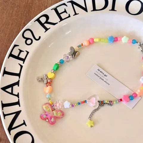 Kleurrijke Kralen Ketting Acryl Hart Vlinder Ster Hanger Legering Y2K Dopamine Zoete Stijl Sieraden Voor Vrouwen Meisjes