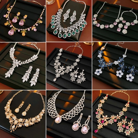 Zircon Water Drop Jewelry Set Vintage Palace Style Pendant Necklace And Earrings With Silver Earring Post Copper Alloy