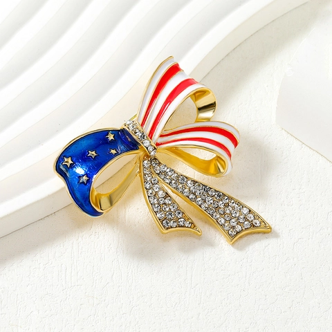 American Flag Bow Brooch For Women Men Zinc Alloy Enamel Rhinestone Patriotic Bowknot Brooches Vintage Fashion Jewelry Gift
