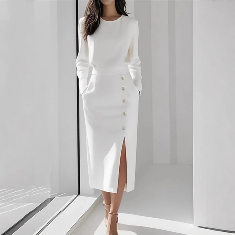 Women Elegant Long Sleeve Round Neck Top And Midi Skirt With Gold Buttons And Side Slit Polyester Solid Color Office Lady