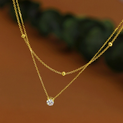 Collier Double Couche Acier Inoxydable Plaqué Or Zircon Cubique Rond Solitaire Quatre Griffes Perle Chaîne Clavicule Bijoux