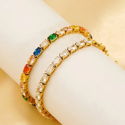 Bracelet Rivière Luxe Acier Inoxydable Plaqué Or 18K Zircone Cubique Ovale Multicolore Arc-en-Ciel Bijoux Élégants