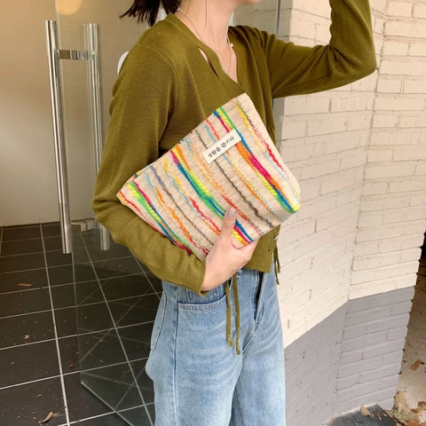 Bolsa De Maquillaje De Punto Con Rayas De Colores Neceser De Algodón Portátil Con Cremallera Papelería