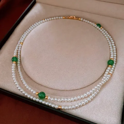 Collar De Doble Capa Para Mujer Elegante Vintage Perla Artificial Con Cuentas De Ágata Verde Y Separador Dorado