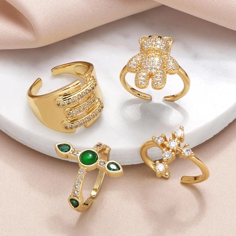 Luxus Vergoldeter Kupfer Zirkonia Offener Ring Für Damen Minimalistisch Verstellbar Bär Kreuz Geometrischer Finger Schmuck