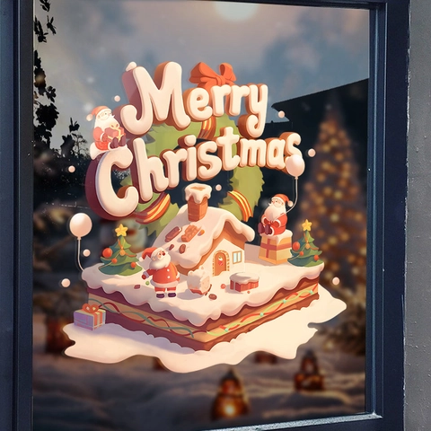 Vinilos Ventana Navidad PVC Estático 3D Visual Papá Noel Cabaña Nieve Pegatinas Cristal Reutilizables Para Tienda Hogar Decoración