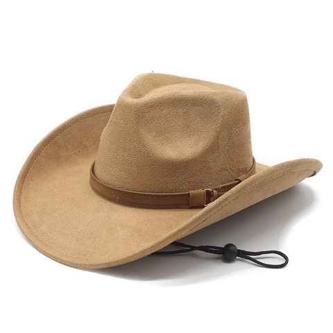 Western Cowboy Hat Faux Suede Wide Brim With Windproof Drawstring Vintage Retro Outdoor Fedora Style For Men Women
