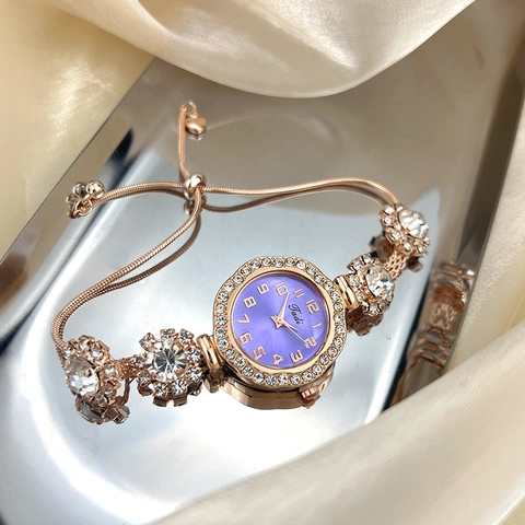 Women Quartz Bracelet Watch Rhinestone Inlaid Adjustable Drawstring Alloy Strap Elegant Fashion For Lady